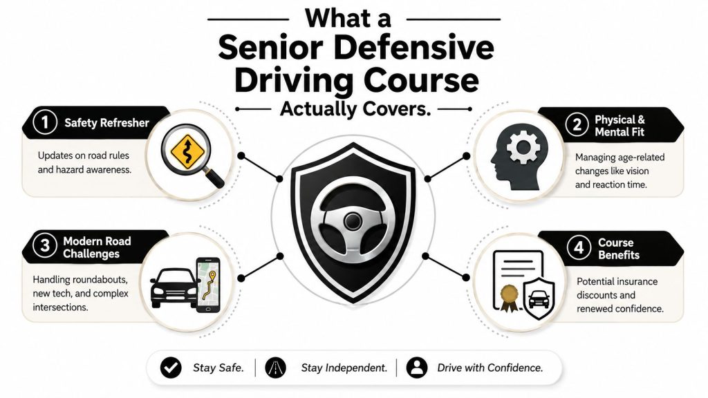 An infographic detailing the four key components covered in a senior defensive driving course for older drivers.