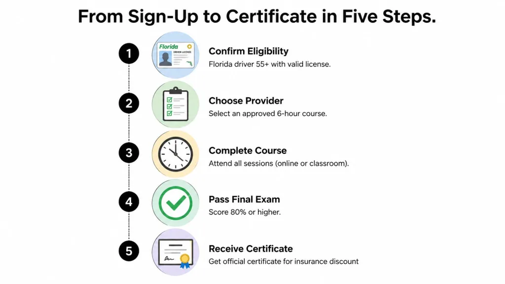 A five-step infographic showing the process for Florida seniors to obtain a defensive driving insurance discount certificate.