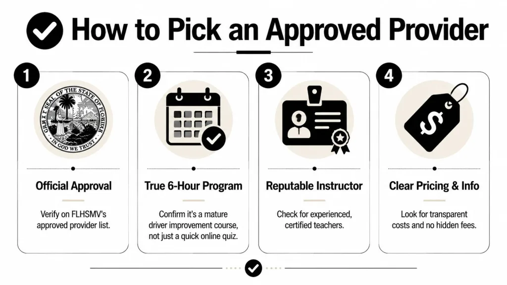 A four-step infographic showing how to select an approved Florida defensive driving provider for seniors.