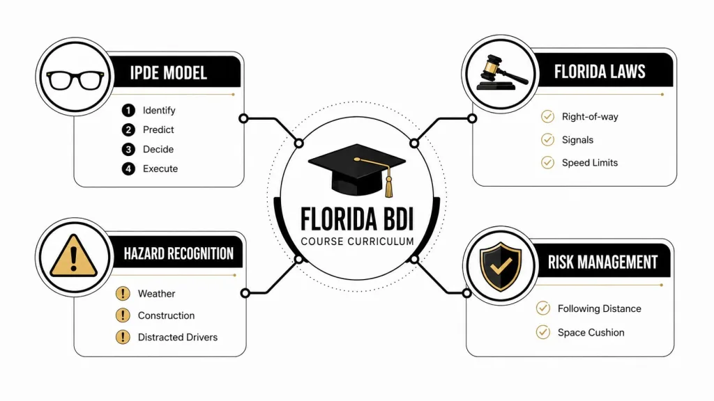 A diagram outlining the Florida BDI defensive driving course curriculum, including IPDE model, laws, hazards, and risk management.