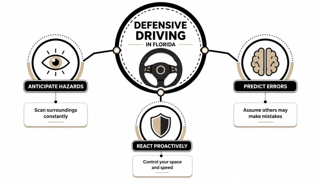 A visual infographic titled Defensive Driving in Florida outlining three core strategies: anticipate hazards, predict errors, and react proactively.