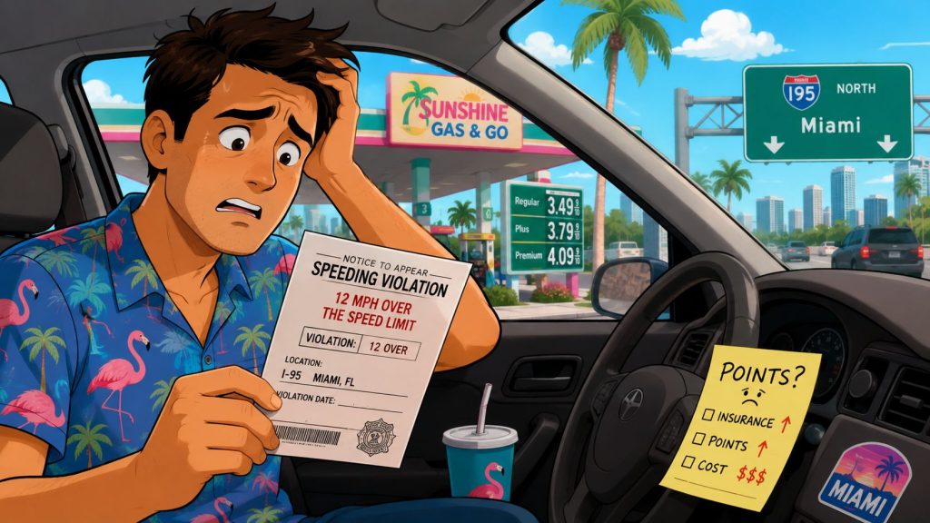 A distressed man in a flamingo shirt sits in a car holding a Florida speeding violation ticket.