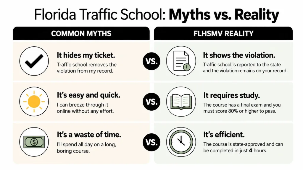A comparison chart showing common myths versus reality regarding Florida traffic school and driving courses.