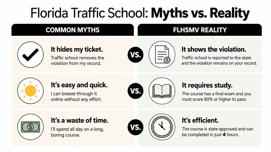 A comparison chart showing common myths versus reality regarding Florida traffic school and driving courses.