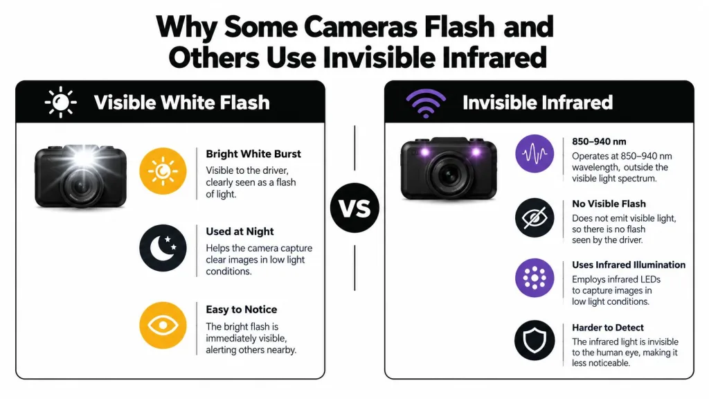 An infographic comparing visible white flash cameras and invisible infrared cameras for night traffic monitoring.