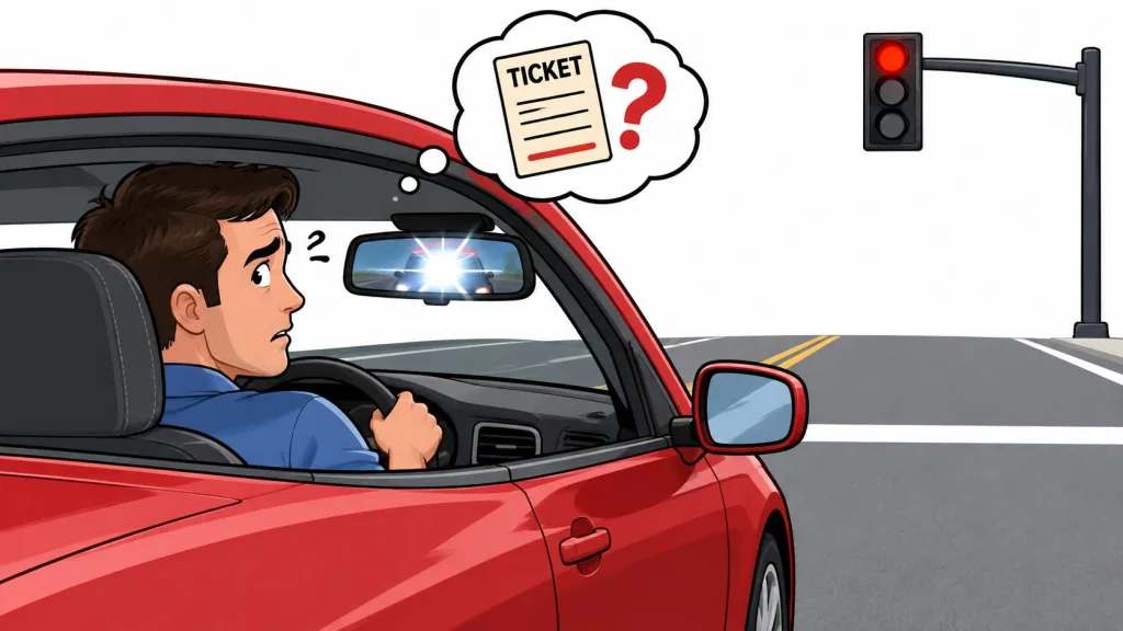 A concerned driver looking at a police car's flashing lights in the rearview mirror while stopped.