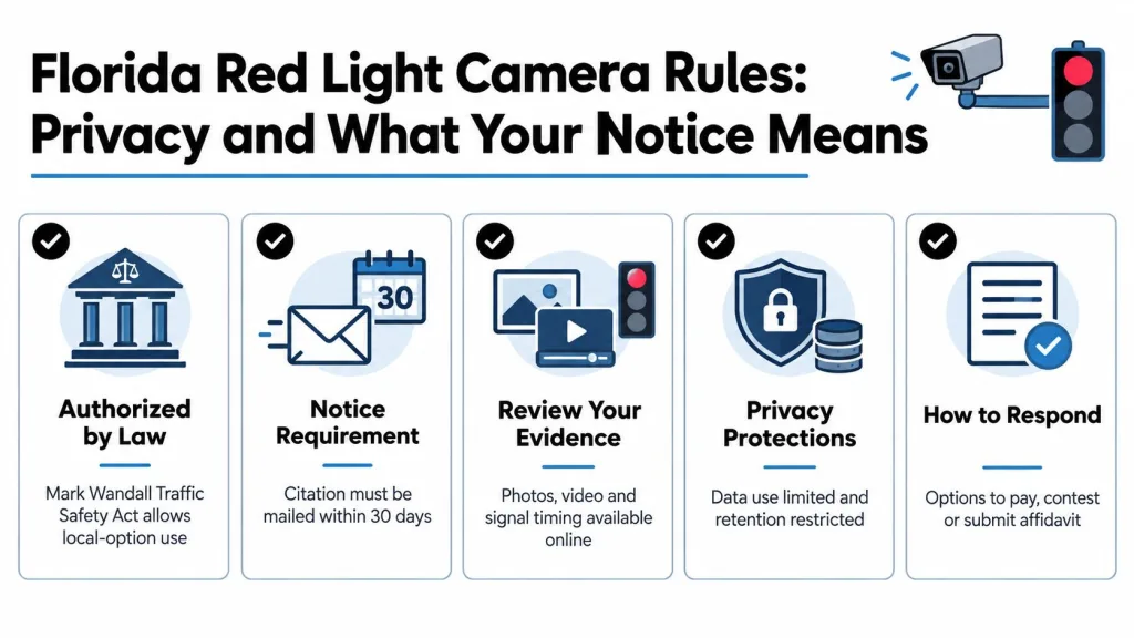 An infographic explaining Florida red light camera laws, notices, privacy protections, and response options for drivers.