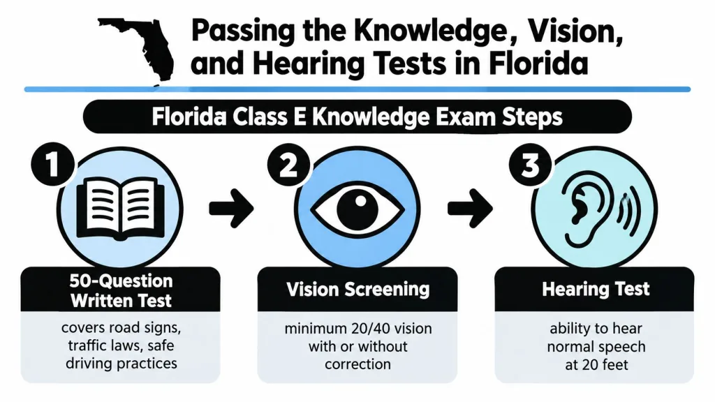 A graphic outlining the three steps for passing the Florida Class E Knowledge Exam, vision, and hearing tests.