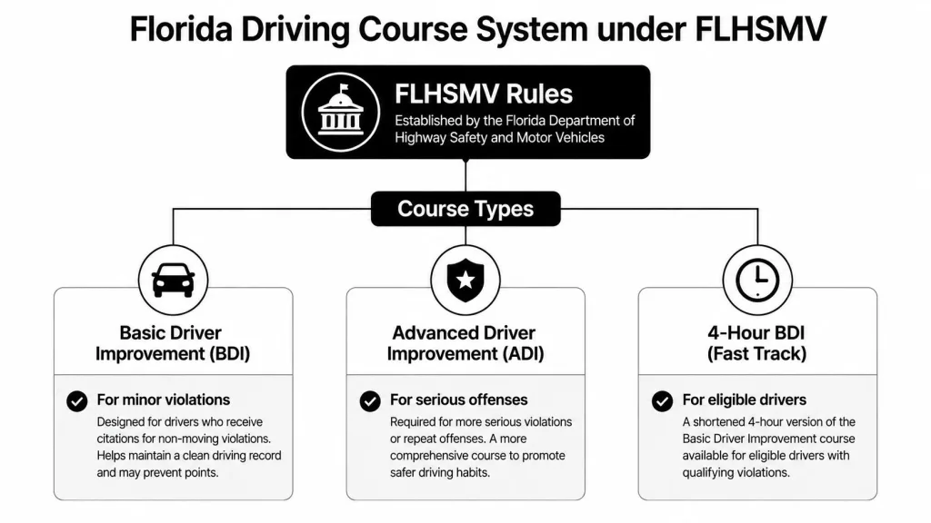A flowchart explaining the different types of driver improvement courses mandated by the Florida FLHSMV.