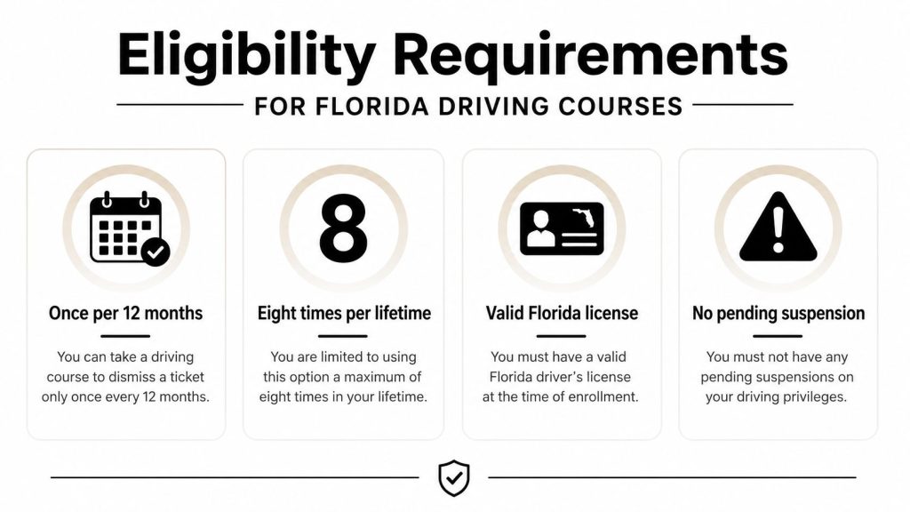 An infographic showing four key eligibility requirements for enrolling in a Florida traffic school driving course.
