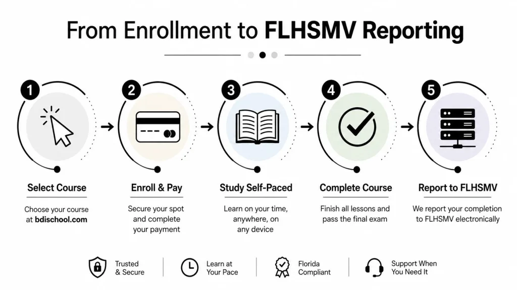 A five-step infographic showing the process from enrolling in a driving course to reporting to the FLHSMV.