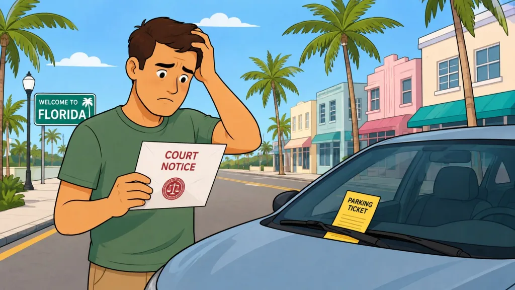 A concerned young man holding a court notice document while standing next to a car with a ticket.