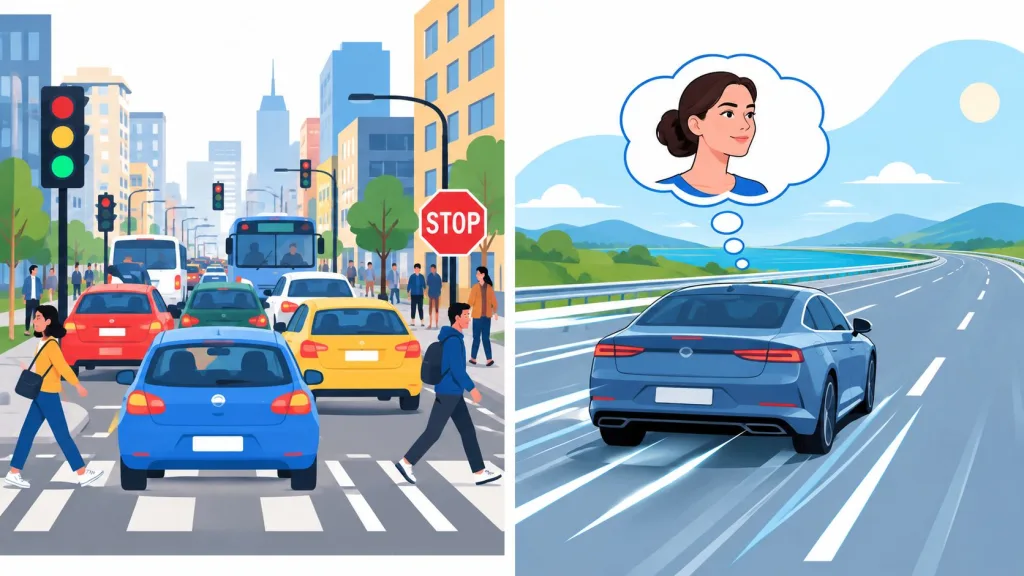 A split image contrasting a busy city traffic intersection with a car driving peacefully on an expressway.