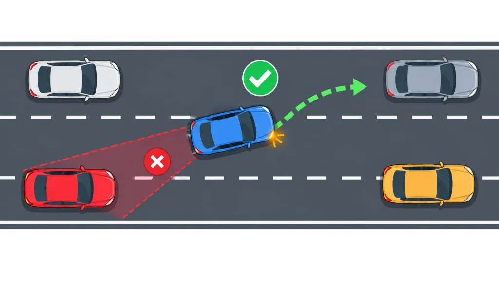 A driving on the expressway safety diagram showing a car performing a safe lane change maneuver.