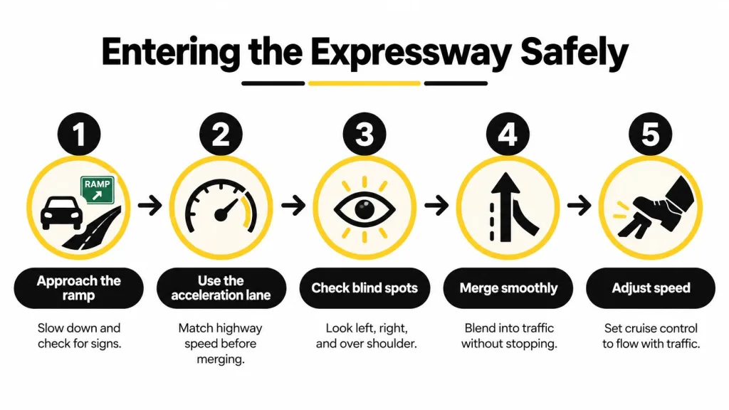 A five-step infographic showing the safe process for entering an expressway, including merging and traffic tips.