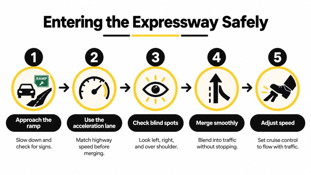 A five-step infographic showing the safe process for entering an expressway, including merging and traffic tips.