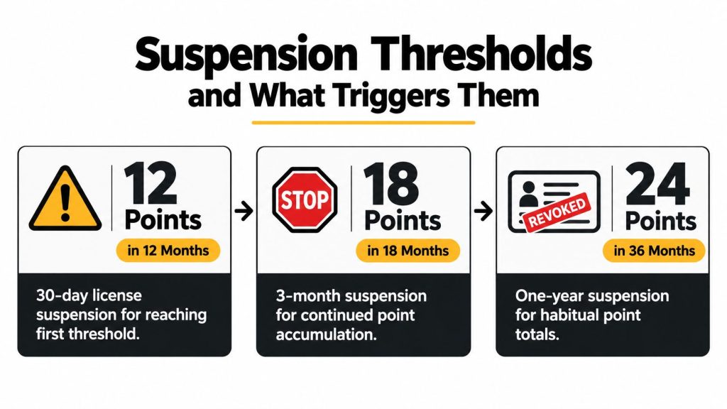 An infographic showing the progression of Florida driver's license suspension thresholds based on accumulated points over time.

