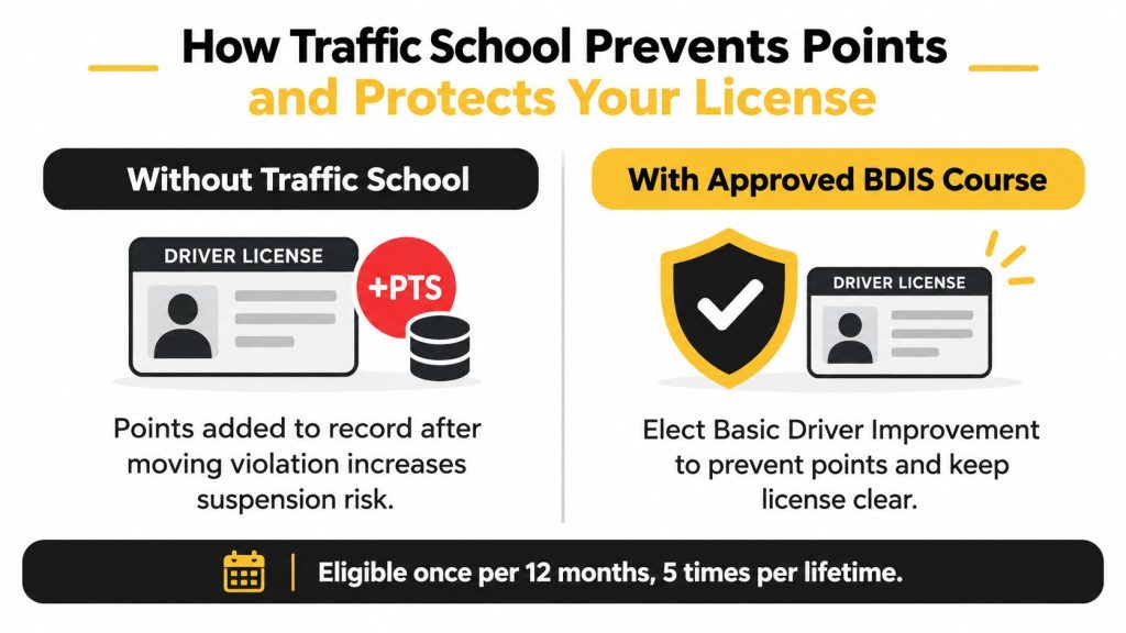 An infographic showing how traffic school prevents points from being added to a driver's license.