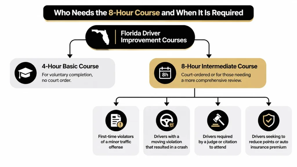 A flowchart explaining who needs to take the 8-hour Florida driver improvement course and why.