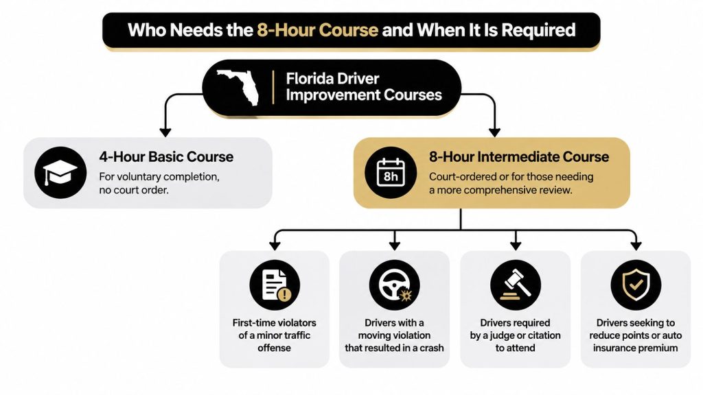 A flowchart explaining who needs to take the 8-hour Florida driver improvement course and why.