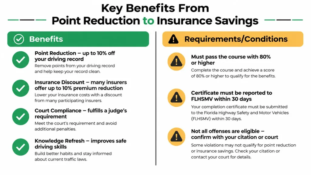 A chart detailing the benefits and requirements of completing a Florida driver improvement course for insurance savings.