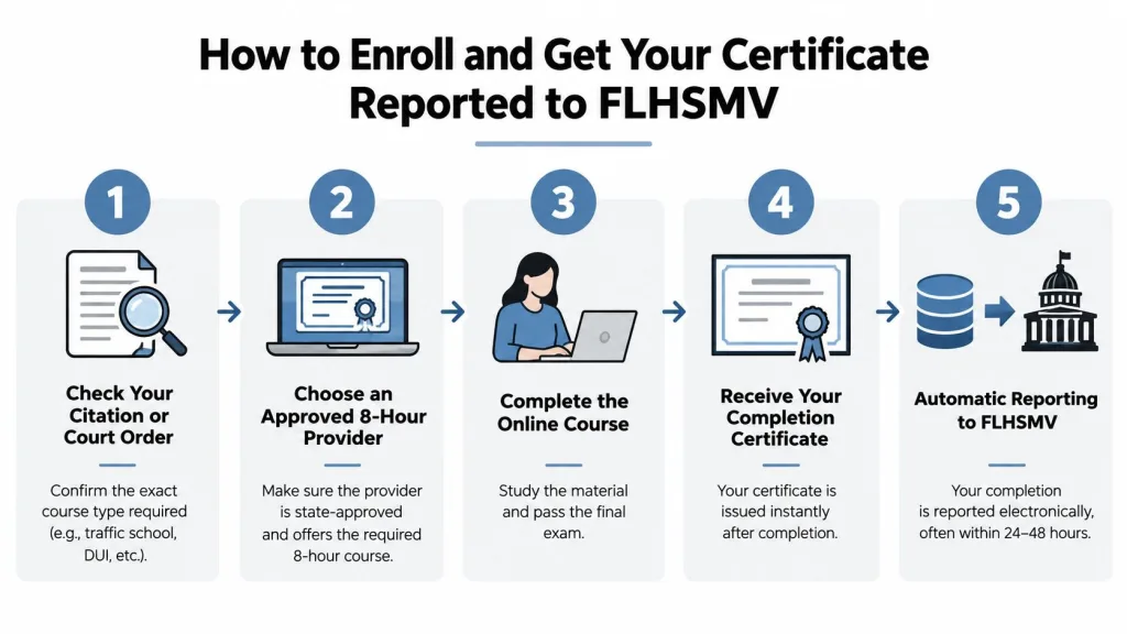 A five-step infographic showing how to enroll in and report a Florida traffic school completion certificate.