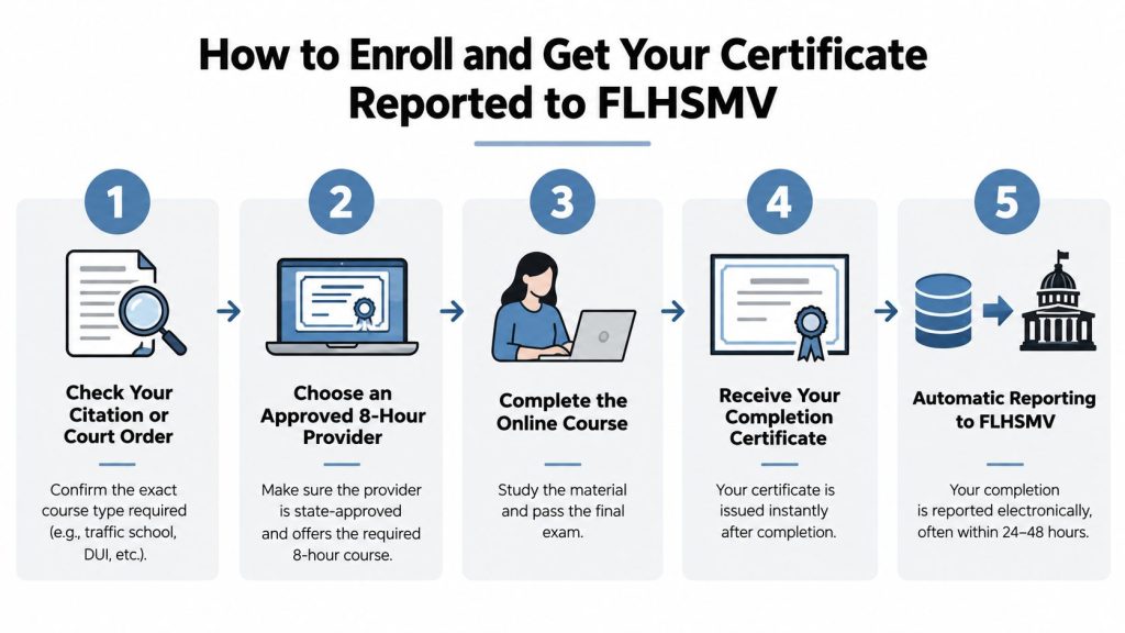 A five-step infographic showing how to enroll in and report a Florida traffic school completion certificate.