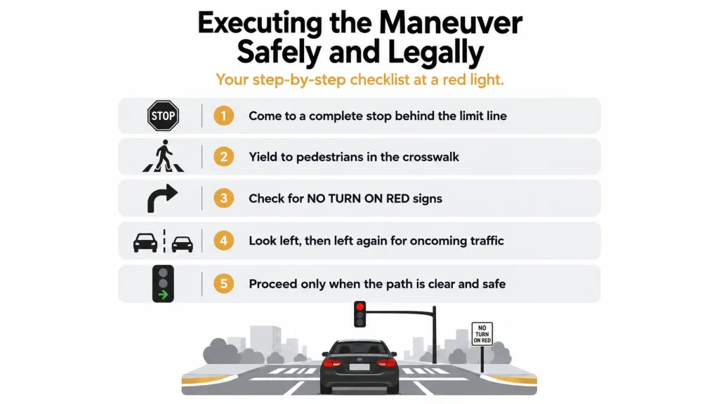 A driving safety infographic illustrating a five-step checklist for executing a right turn on red safely.