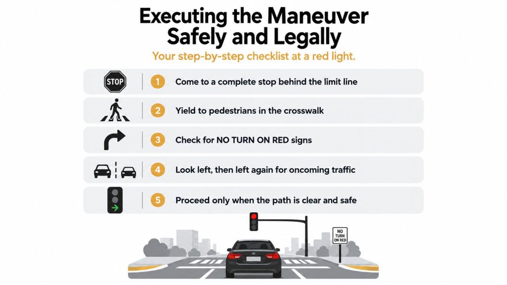 A driving safety infographic illustrating a five-step checklist for executing a right turn on red safely.