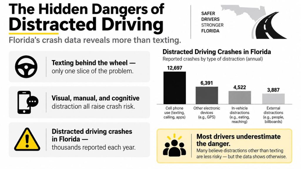A chart detailing distracted driving crash statistics in Florida, categorized by various types of driver distractions.