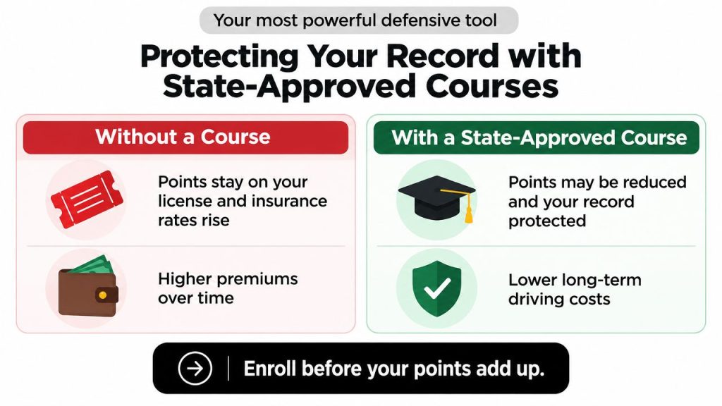 A comparison chart showing how taking a state-approved driving course can protect your record and reduce costs.