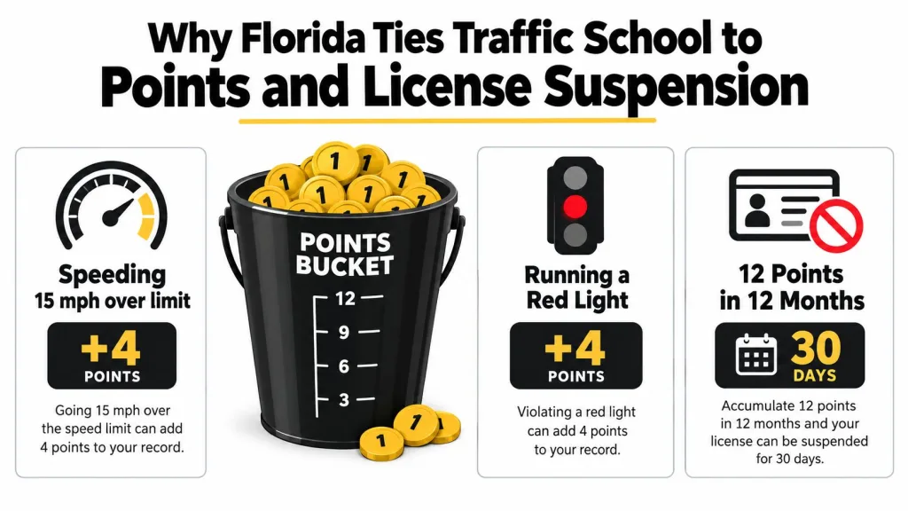 An infographic explaining how Florida traffic points and license suspensions work, featuring examples of point penalties.
