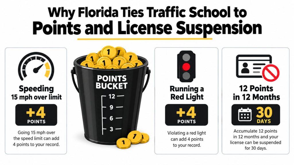 An infographic explaining how Florida traffic points and license suspensions work, featuring examples of point penalties.