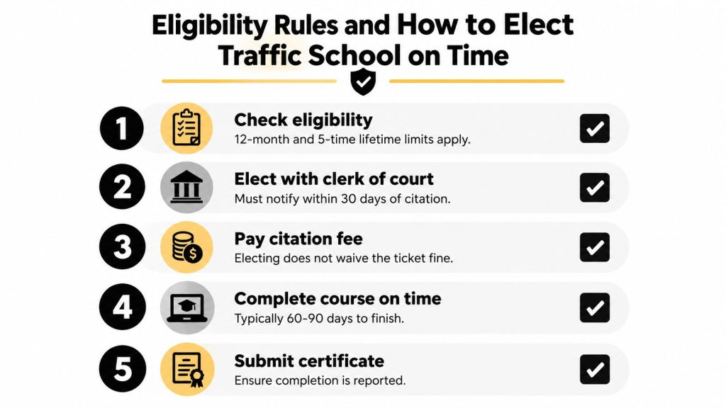 An infographic showing the five-step process to elect and complete traffic school for a citation.