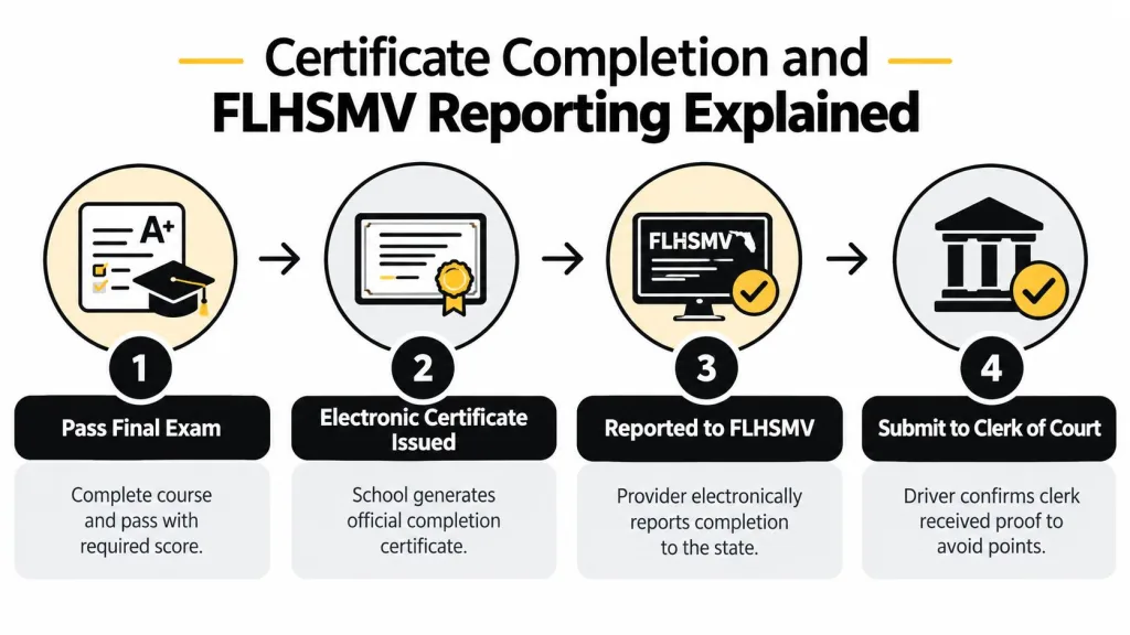 A four-step infographic explaining the certificate completion and FLHSMV reporting process for Florida traffic school students.