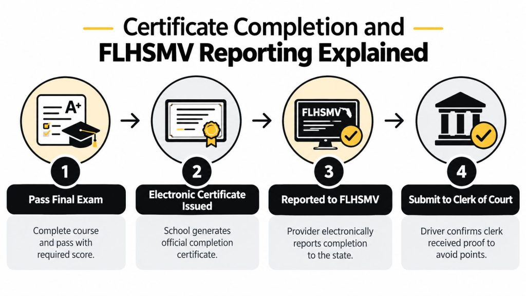A four-step infographic explaining the certificate completion and FLHSMV reporting process for Florida traffic school students.