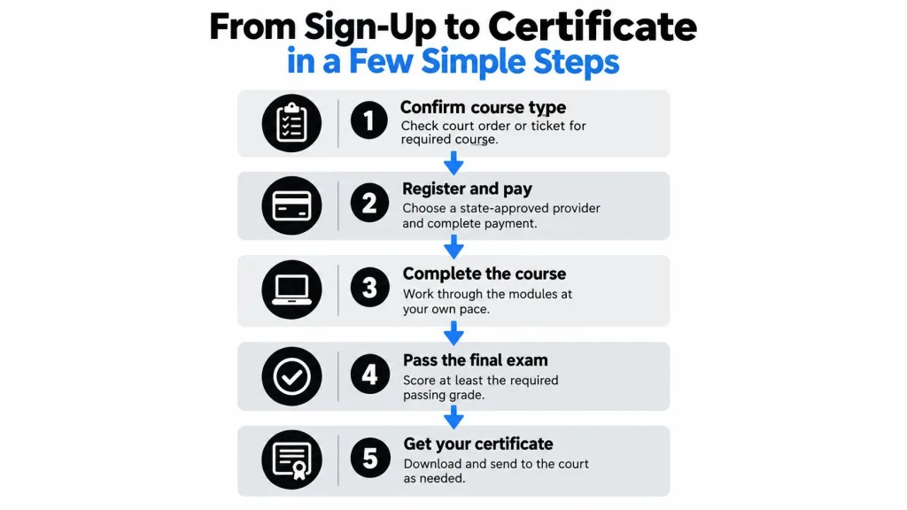 A flowchart showing five simple steps to complete online traffic school from sign-up to receiving a certificate.