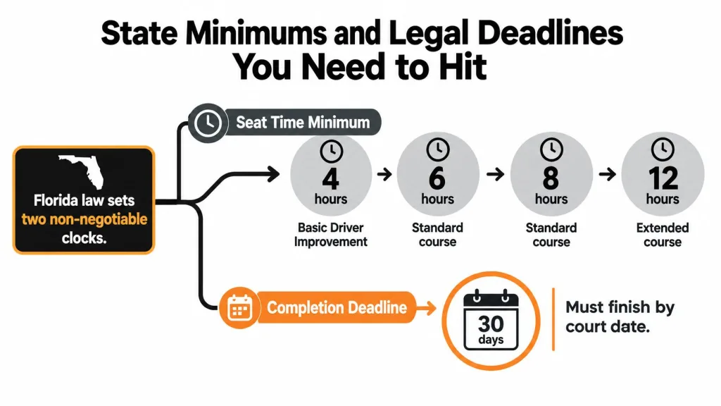 A diagram outlining Florida's mandatory traffic school seat time requirements and completion deadlines for court-ordered courses.