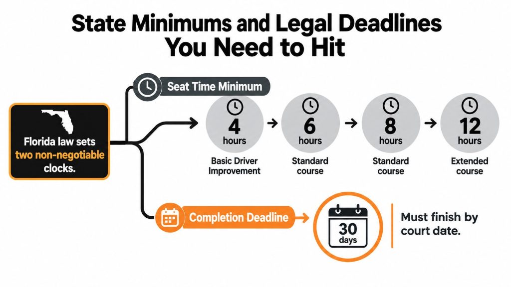 A diagram outlining Florida's mandatory traffic school seat time requirements and completion deadlines for court-ordered courses.