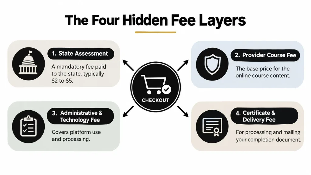 A diagram explaining the four common hidden fee layers associated with purchasing online traffic school courses.