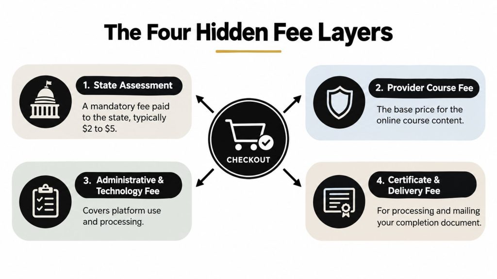 A diagram explaining the four common hidden fee layers associated with purchasing online traffic school courses.