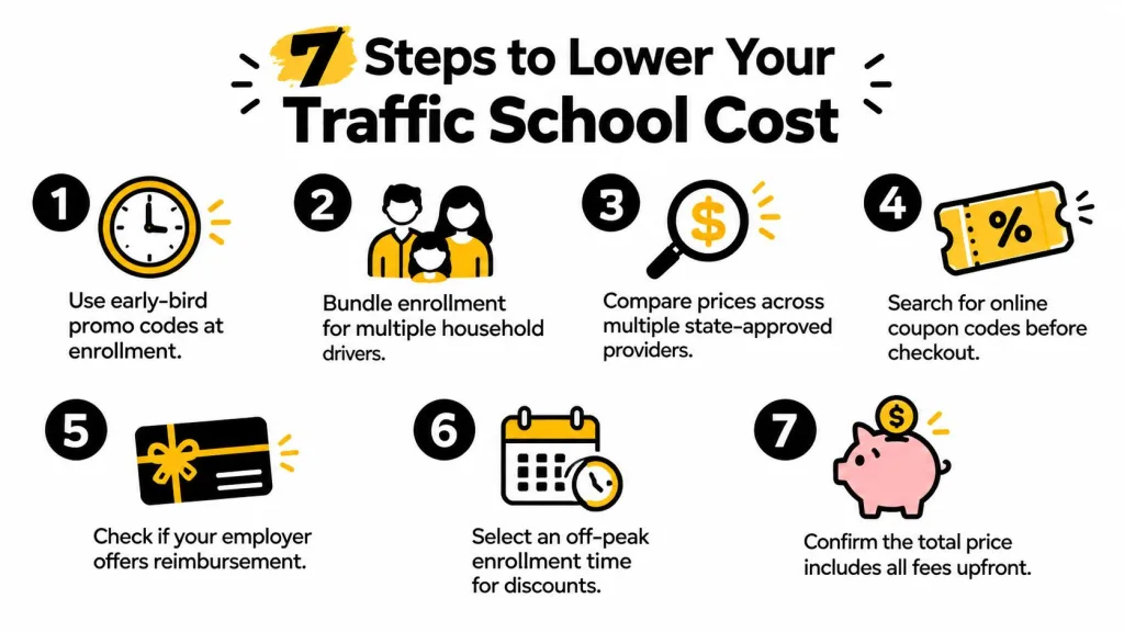 An infographic detailing seven practical steps to lower the cost of attending traffic school programs.