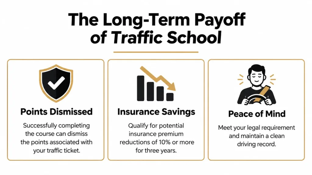 An infographic detailing the three main long-term benefits of completing a traffic school course for drivers.
