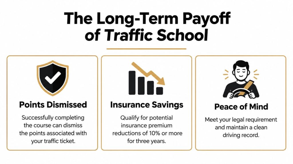 An infographic detailing the three main long-term benefits of completing a traffic school course for drivers.