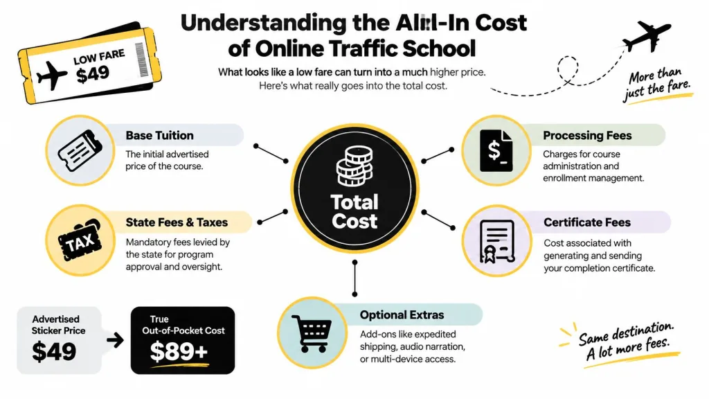 An infographic titled Understanding the All-In Cost of Online Traffic School, detailing hidden fees beyond the base price.