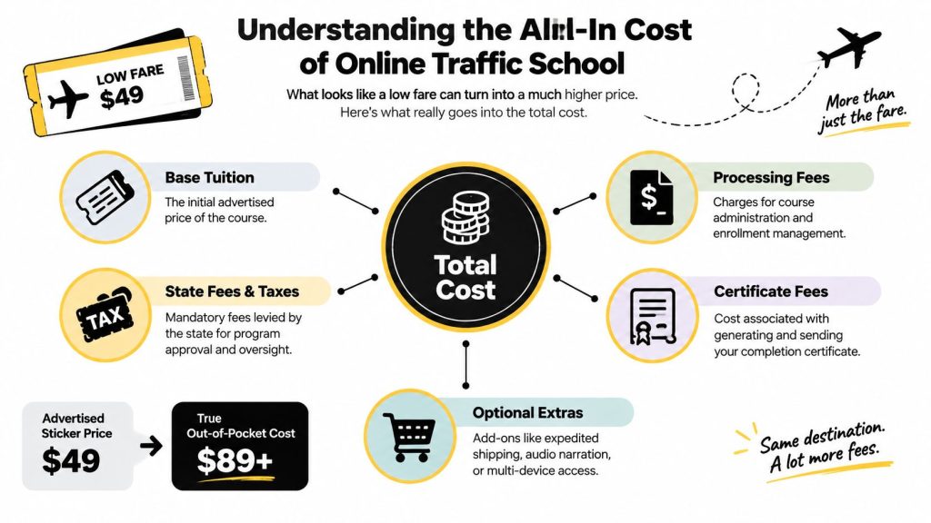 An infographic titled Understanding the All-In Cost of Online Traffic School, detailing hidden fees beyond the base price.