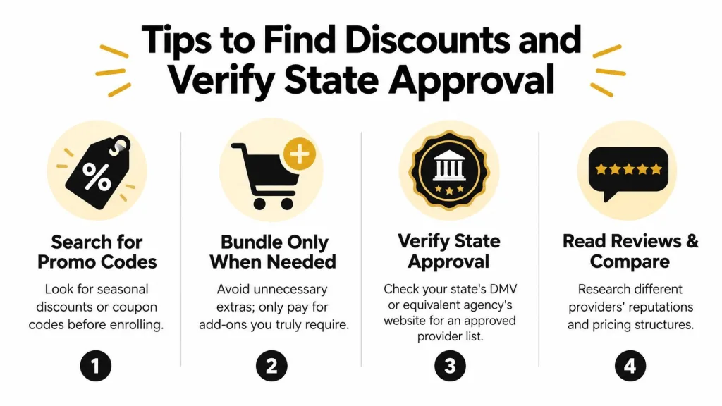 A four-step infographic providing tips for finding discounts and verifying state approval for online courses.
