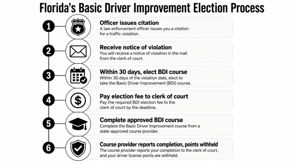 A six-step infographic detailing the Florida Basic Driver Improvement election process for handling traffic citations.