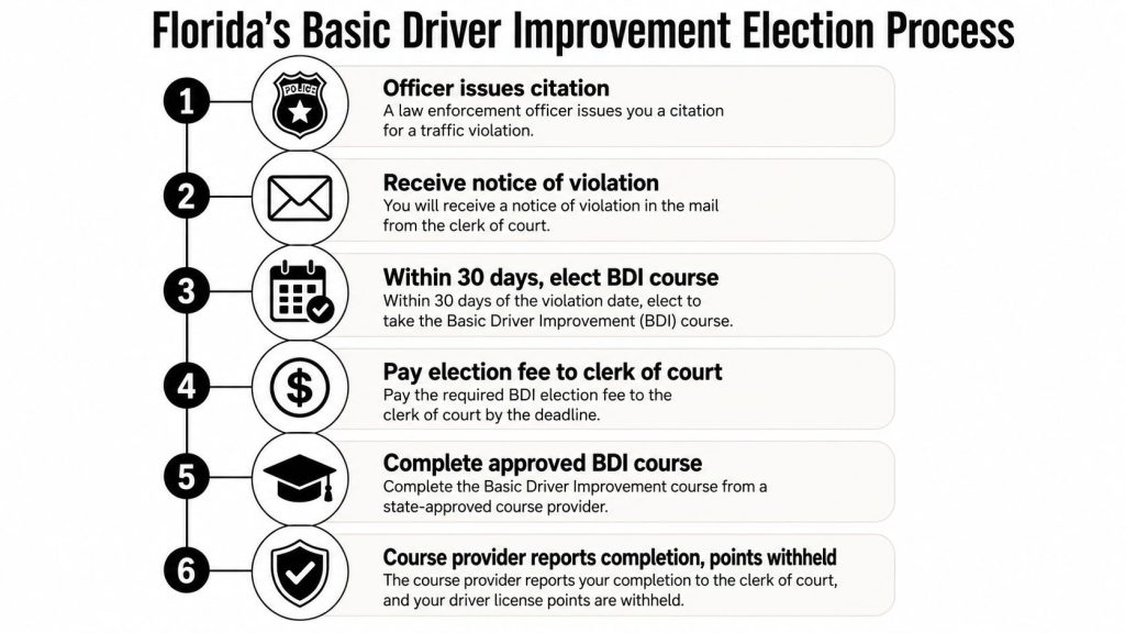 A six-step infographic detailing the Florida Basic Driver Improvement election process for handling traffic citations.
