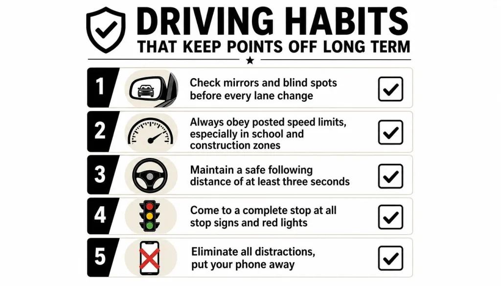 A list of five essential safe driving habits illustrated with icons to help avoid license penalty points.